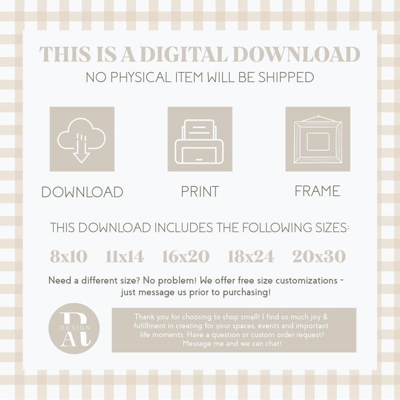 Puede incluir: Gr&aacute;fico informativo de impresi&oacute;n digital. Incluye tama&ntilde;os de 20,3x25,4cm, 27,9x35,6cm, 40,6x50,8cm, 45,7x61cm y 50,8x76,2cm. Presenta iconos para descargar, imprimir y enmarcar. El texto dice: "Esta es una descarga digital."