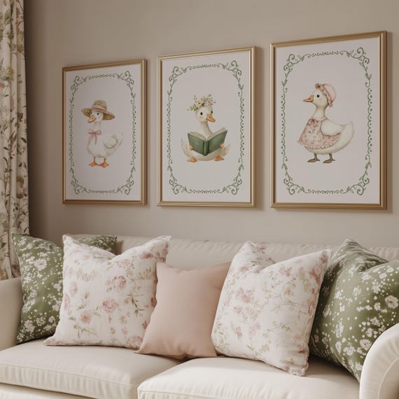 Goose Nursery Print Set, Cottagecore Nursery Art, Silly Goose Nursery, Girls Nursery Decor, Duck Wall Art, Coquette Nursery Art, Vintage