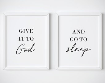 Give it to god and go to sleep, Christian bedroom wall art, Above bed art, Sleep wall art, Set of 2 bedroom prints, Couple quote wall decor