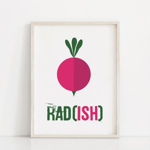Keuken groenteprint, grappige keukenkunst, roze slaapzaaldecor, voedselwoordspeling, minimalistisch keukendecor, grappige kantoorprint, vegetarisch teken, radijskunst afbeelding 1