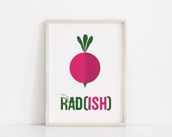 Estampado de verduras de cocina, Arte de cocina divertido, Decoración de dormitorio rosa, Juego de palabras con comida, Decoración de cocina minimalista, Estampado de oficina divertido, Letrero vegetariano, Arte de rábano