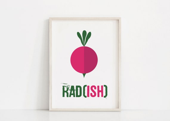Kitchen vegetable print, Funny kitchen art, Pink dorm decor, Food pun, Minimalist kitchen decor, Funny office print, Veggie sign, Radish art
