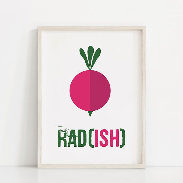 Kitchen vegetable print, Funny kitchen art, Pink dorm decor, Food pun, Minimalist kitchen decor, Funny office print, Veggie sign, Radish art