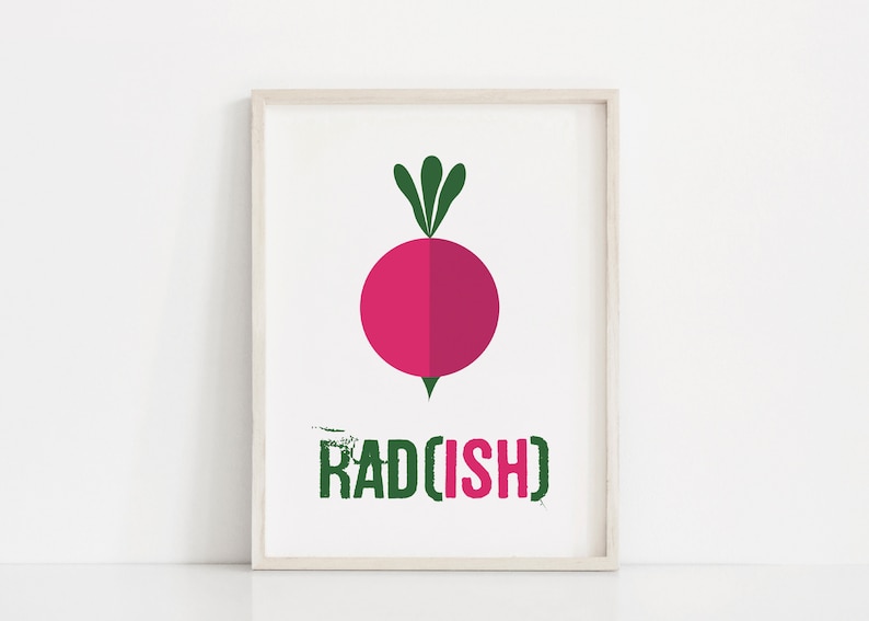 Keuken groenteprint, grappige keukenkunst, roze slaapzaaldecor, voedselwoordspeling, minimalistisch keukendecor, grappige kantoorprint, vegetarisch teken, radijskunst afbeelding 1