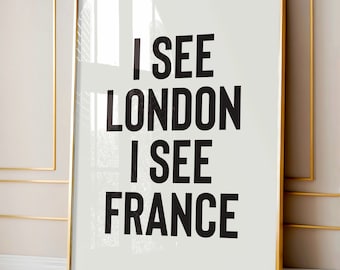 Eu vejo Londres, eu vejo França para imprimir, Arte engraçada para parede de banheiro, Impressões para banheiro em preto e branco, Impressões para lavabo, Decoração para parede de banheiro