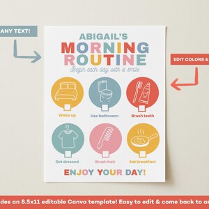 May include: A colorful printable morning routine chart with the text "ABIGAIL'S MORNING ROUTINE" and illustrated icons for wake up, use bathroom, brush teeth, get dressed, brush hair, and eat breakfast. The chart includes the text "ENJOY YOUR DAY!"