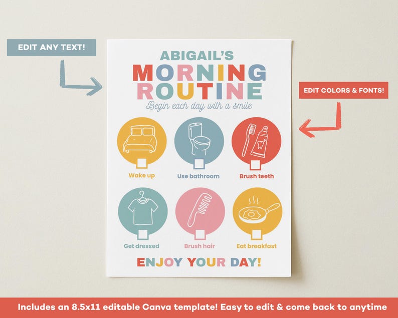 May include: A colorful printable morning routine chart with the text "ABIGAIL'S MORNING ROUTINE" and illustrated icons for wake up, use bathroom, brush teeth, get dressed, brush hair, and eat breakfast. The chart includes the text "ENJOY YOUR DAY!"