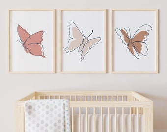 Butterfly wall art, Set of 3 nursery prints, Blush nursery wall art, Girls room wall decor, Pink nursery printables, Printable nursery art