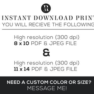 Puede incluir: Descarga instant&aacute;nea de arte imprimible en dos tama&ntilde;os: 20,3 x 25,4 cm y 27,9 x 35,6 cm. Archivos PDF y JPEG de alta resoluci&oacute;n (300 dpi) incluidos. &iquest;Necesitas un color o tama&ntilde;o personalizado? Contacta con el vendedor.