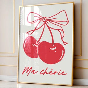 Ma cherie print, Red bow cherry poster, Coquette wall art, Retro decor, Trendy room decor, Girly wall art, Aesthetic Print, Cherry wall art