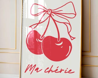 Ma cherie print, Red bow cherry poster, Coquette wall art, Retro decor, Trendy room decor, Girly wall art, Aesthetic Print, Cherry wall art
