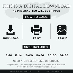 K&ouml;nnte beinhalten: Grafik f&uuml;r digitalen Download mit Anweisungen. Das Bild enth&auml;lt Symbole f&uuml;r Download, Druck und Rahmen. Der Text enth&auml;lt "Enthaltene Gr&ouml;&szlig;en" mit Abmessungen in cm: 20x25, 28x35, 40x50, 45x60, 50x76 und 60x91. Der Text besagt auch "Es wird kein physischer Artikel versendet."