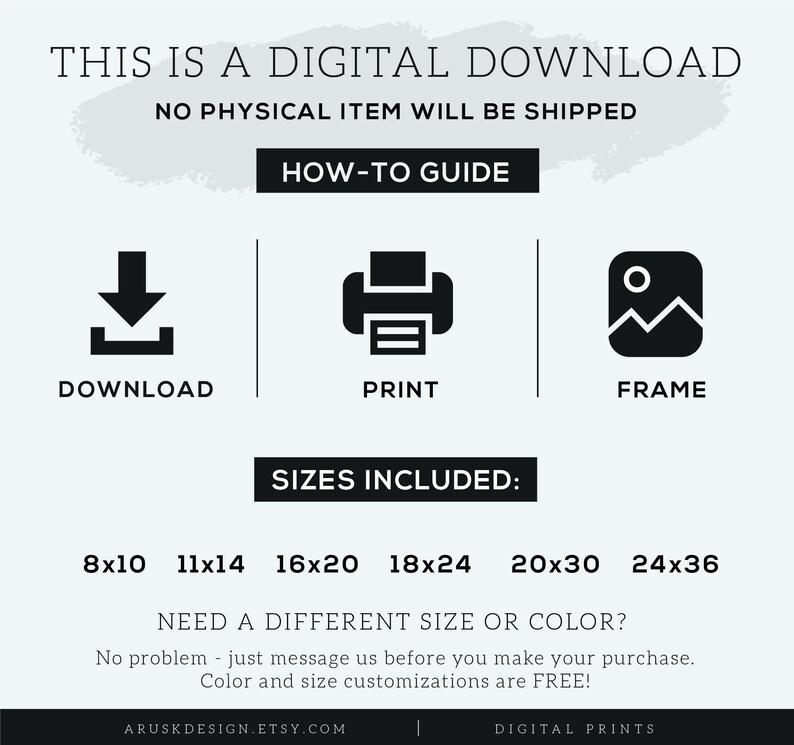 K&ouml;nnte beinhalten: Grafik f&uuml;r digitalen Download mit Anweisungen. Das Bild enth&auml;lt Symbole f&uuml;r Download, Druck und Rahmen. Der Text enth&auml;lt "Enthaltene Gr&ouml;&szlig;en" mit Abmessungen in cm: 20x25, 28x35, 40x50, 45x60, 50x76 und 60x91. Der Text besagt auch "Es wird kein physischer Artikel versendet."