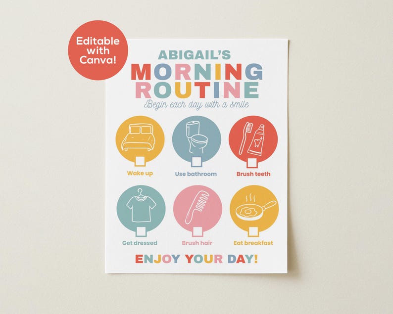 May include: A colorful morning routine chart with the text "ABIGAIL'S MORNING ROUTINE" and illustrated icons for each activity. The chart includes the text "Begin each day with a smile" and "ENJOY YOUR DAY!"