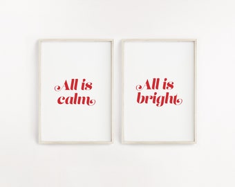 All is calm all is bright, Modern Christmas art, Christmas print set of 2, Minimalist Christmas wall decor, Silent night, Christmas quote