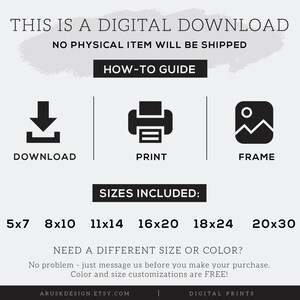 K&ouml;nnte beinhalten: Grafik f&uuml;r digitalen Download mit dem Text &bdquo;THIS IS A DIGITAL DOWNLOAD&ldquo; und &bdquo;NO PHYSICAL ITEM WILL BE SHIPPED&ldquo;. Enth&auml;lt Symbole f&uuml;r Download, Druck und Rahmen sowie Gr&ouml;&szlig;enoptionen: 5x7, 8x10, 11x14, 16x20, 18x24 und 20x30.