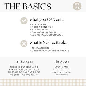 May include: A white graphic with the text "THE BASICS" at the top. The graphic lists what can and cannot be edited, including text color, font, and wording. It also lists file types and limitations.