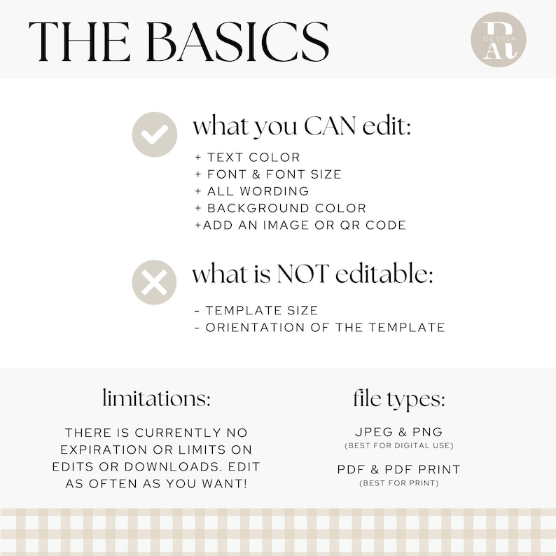 May include: A white graphic with the text "THE BASICS" at the top. The graphic lists what can and cannot be edited, including text color, font, and wording. It also lists file types and limitations.