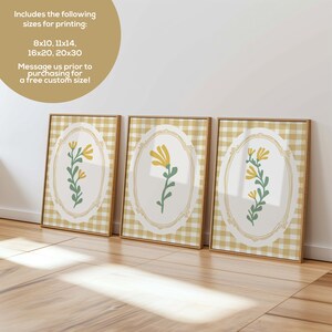 May include: Three framed prints with a yellow floral design on a white background with a gingham pattern in beige and white. The text on the image reads "Includes the following sizes for printing: 8x10, 11x14, 16x20, 20x30 Message us prior to purchasing for a free custom size!"