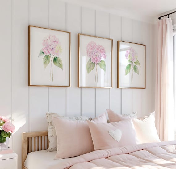 Hydrangea Wall Art, Hydrangea Print Set of 3, Floral Watercolor Prints, Botanical Wall Art, Floral Nursery Posters, Girls Room Wall Art