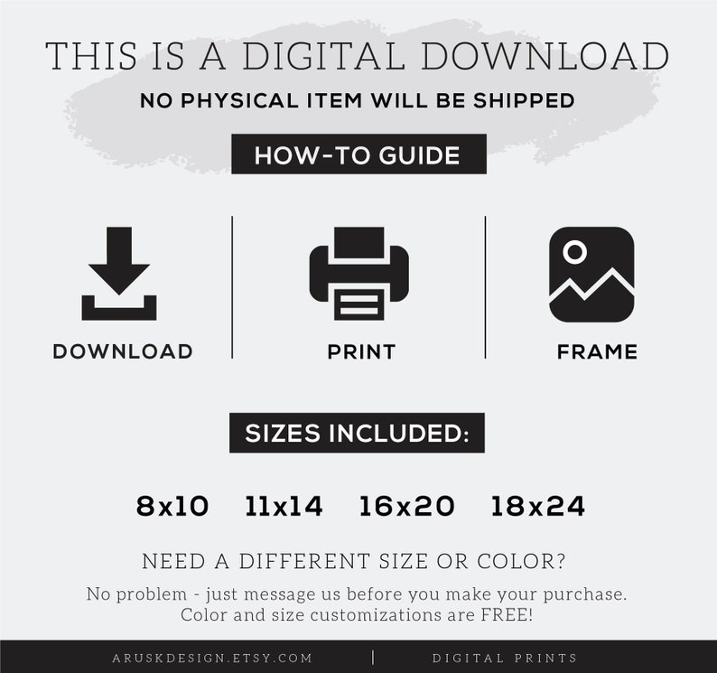 Puede incluir: Descarga digital de impresiones de arte imprimibles en varios tama&ntilde;os: 8x10 pulgadas, 11x14 pulgadas, 16x20 pulgadas y 18x24 pulgadas. El texto "Esta es una descarga digital. No se enviar&aacute; ning&uacute;n art&iacute;culo f&iacute;sico." est&aacute; en la parte superior de la imagen. El texto "Gu&iacute;a pr&aacute;ctica" est&aacute; debajo del primer texto. Tres iconos est&aacute;n debajo del texto "Gu&iacute;a pr&aacute;ctica": un icono de descarga, un icono de impresora y un icono de marco de imagen. El texto "Tama&ntilde;os incluidos" est&aacute; debajo de los iconos. El texto "&iquest;Necesitas un tama&ntilde;o o color diferente? No hay problema: env&iacute;anos un mensaje antes de realizar tu compra. Las personalizaciones de color y tama&ntilde;o son GRATIS." est&aacute; debajo de los tama&ntilde;os. El texto "Aruskdesign.etsy.com | Impresiones digitales" est&aacute; en la parte inferior de la imagen.