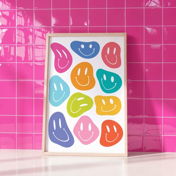 Retro Smiley Print, Rainbow Playroom Wall Art, Kids Smile Print
