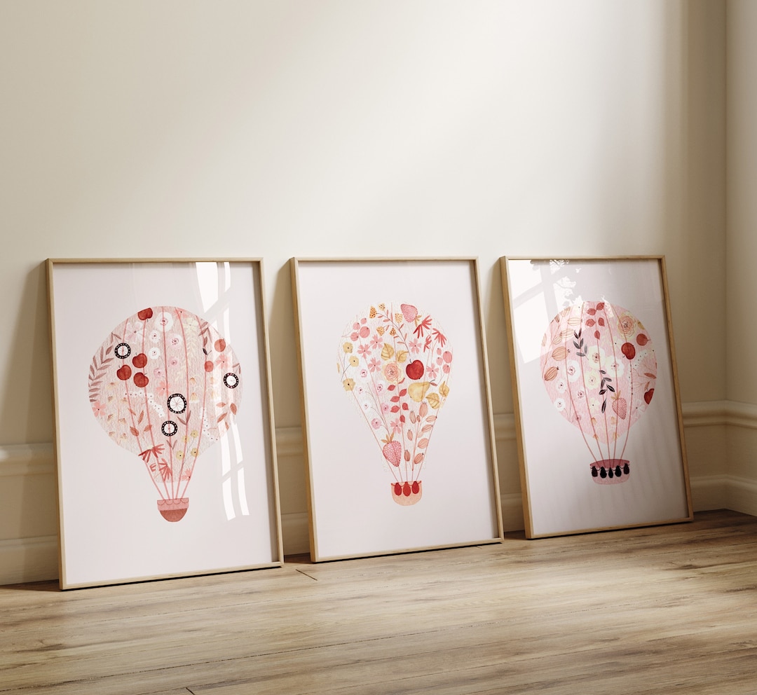 Hot Air Balloon Nursery Wall Art, Set of Three Nursery Prints, Pink ...