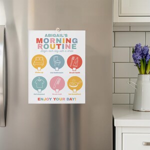 May include: A white rectangular sign with the text "ABIGAIL'S MORNING ROUTINE" in colorful letters. The sign includes illustrated icons for morning activities like waking up, brushing teeth, and eating breakfast. The words "ENJOY YOUR DAY!" are at the bottom.