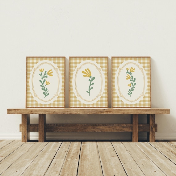 Floral cottagecore prints, Yellow Gingham wall art, Floral wall art set, Yellow flower prints, Yellow nursery wall art, Botanical printables