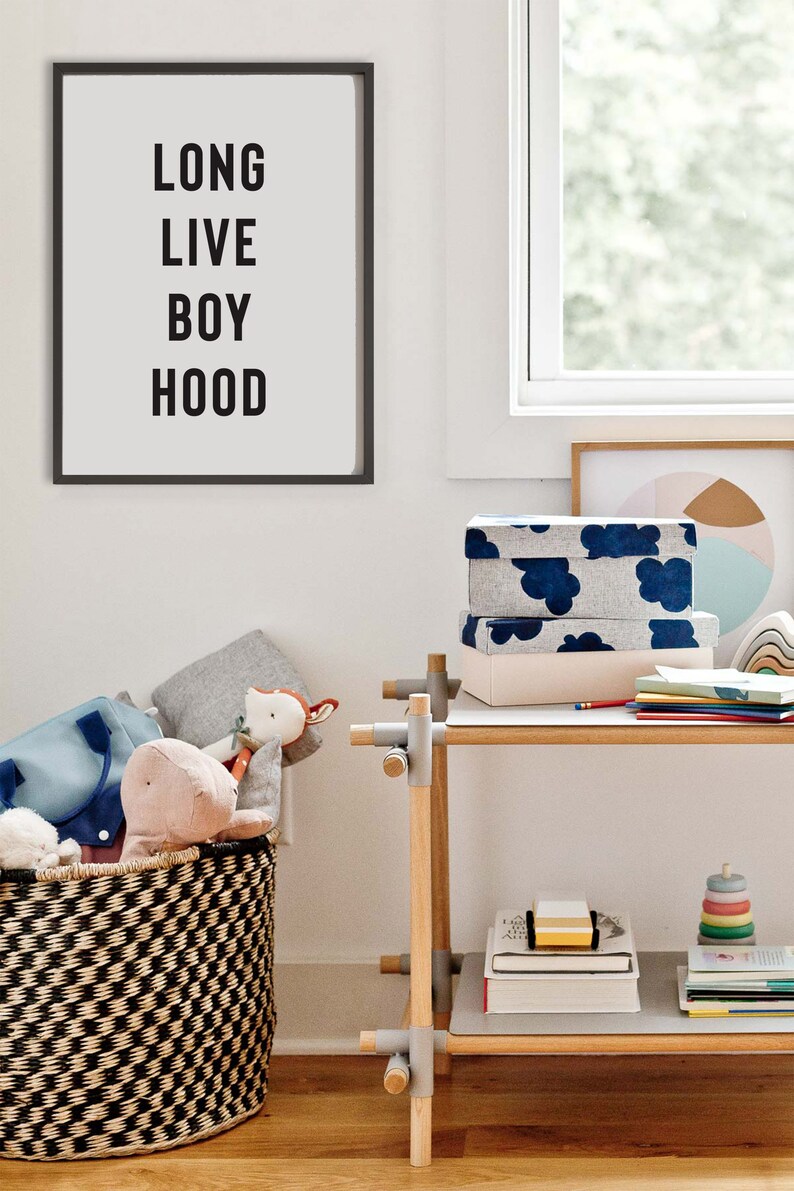 May include: A black framed print with the text "LONG LIVE BOY HOOD" hanging on a white wall. A wooden shelf with two storage boxes, one with a blue and white cloud pattern and the other with a white and gray pattern, is in the background. The shelf also has a stack of books and a rainbow-colored stacking toy.