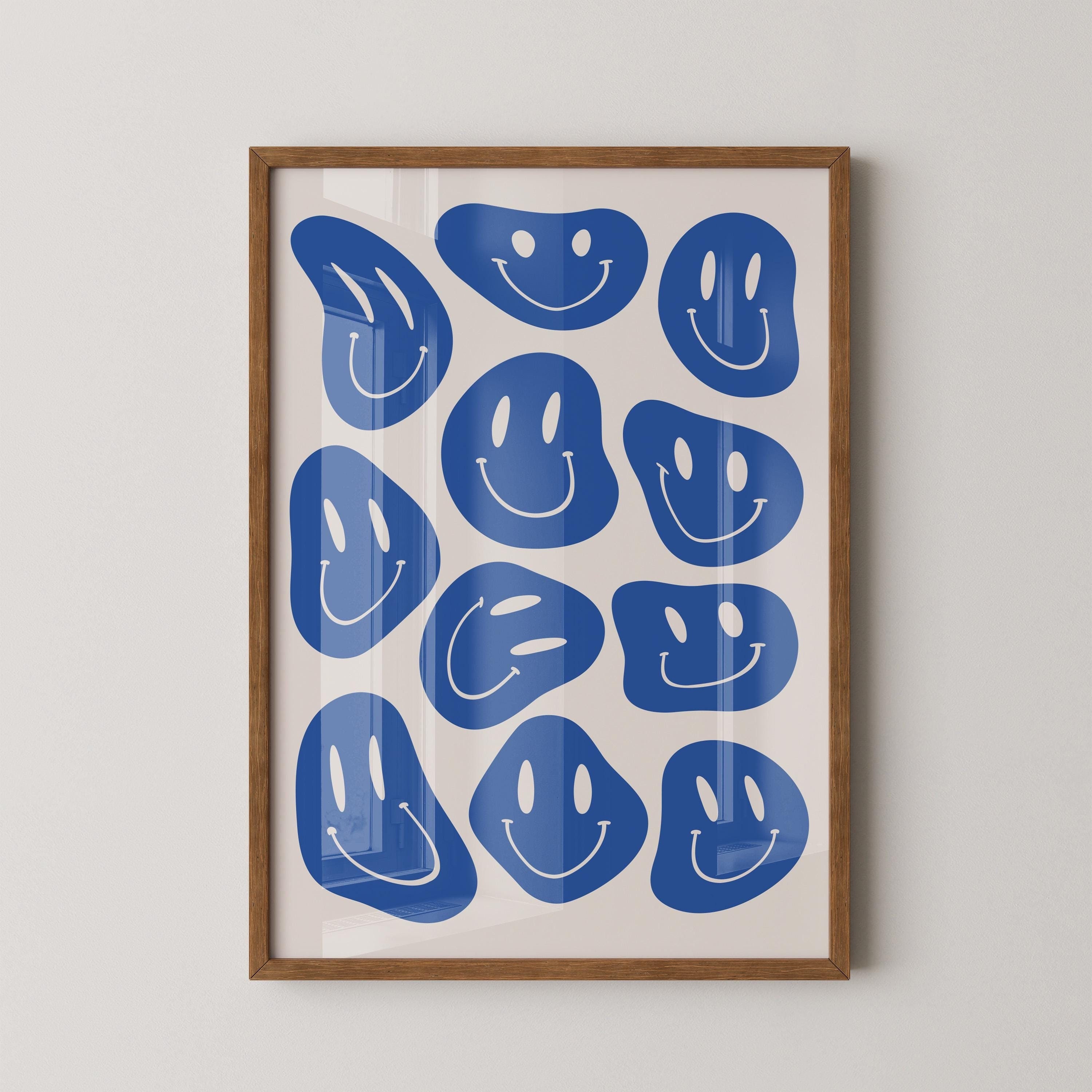 Blaues Smiley Gesicht Print, Retro Wandbild, Smile Poster, Retro Kunst Dekor, Groovy Print, Wanddeko fürs Wohnzimmer, Neutrale Kinderzimmer, trendige Prints