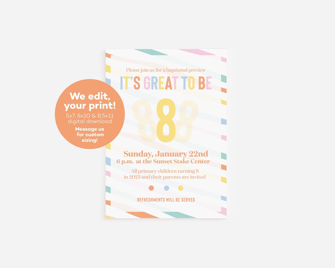 It's Great to Be 8 Invitation, Baptism Preview Invitation, LDS Baptism ...
