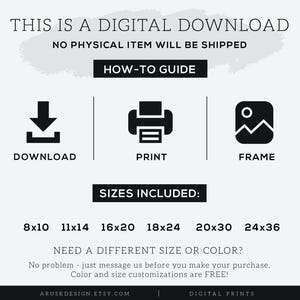 Puede incluir: Gr&aacute;fico de descarga digital con el texto "THIS IS A DIGITAL DOWNLOAD" y "NO PHYSICAL ITEM WILL BE SHIPPED". Incluye iconos para descargar, imprimir y enmarcar, junto con opciones de tama&ntilde;o: 8x10, 11x14, 16x20, 18x24, 20x30 y 24x36.
