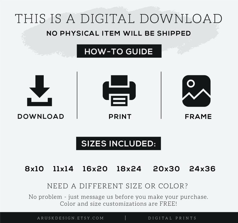 Puede incluir: Gr&aacute;fico de descarga digital con el texto "THIS IS A DIGITAL DOWNLOAD" y "NO PHYSICAL ITEM WILL BE SHIPPED". Incluye iconos para descargar, imprimir y enmarcar, junto con opciones de tama&ntilde;o: 8x10, 11x14, 16x20, 18x24, 20x30 y 24x36.