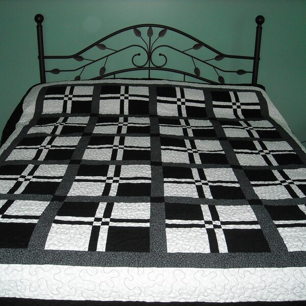 New modern black and white quilt 79 1/2" by 94" made in USA by me.