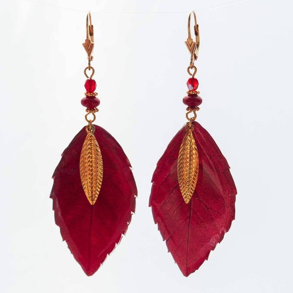 Boucles d'Oreilles - Feuille d'Automne -Plaqué Or 18k- Corail