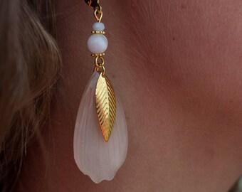 Earrings - Petals of Cosmos - Gold-plated 18k - White Agate