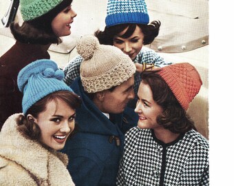 Knitting pattern, PDF pattern, hat knitting pattern, 3 ply fingering knitting pattern, chunky hat pattern, pom pom hat pattern, vintage knit