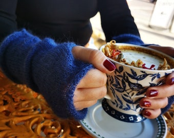 Soft, fluffy silk wrist warmers, mohair hand warmers, winter fingerless mittens