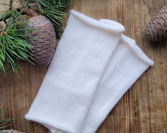 White, warm, soft angora blend wrist warmers, hand warmers.