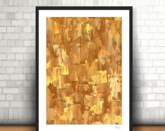 May include: Abstract art print in a black frame. The artwork features a textured, layered design in shades of gold and brown. The brushstrokes create a sense of depth and movement, with a warm, inviting color palette.