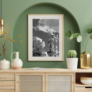 Pariser Himmel, schwarz-weiße Pariser Fotografie zum Ausdrucken, Kunstdruck, Pariser Dekor, sofortiger Download, Wanddekoration