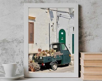 Ape Piaggio with flowers, printable photography Italy, art print, home decor, wall decoration, instant download