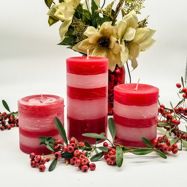 Christmas Rustic Red and White Scented Pillar Candle in  Mistletoe Fragrance