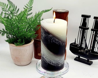 Black and White Layered Scented Pillar Candle in Clean Linen Fragrance