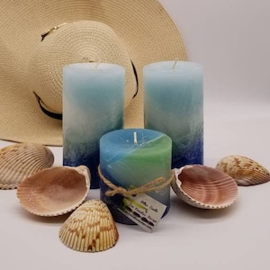 Ocean Mist Scented Pillar - Blue Layered Pillar Candle - Blue Handmade Candle - Rustic Blue Candle - Blue Beach Pillar Candle