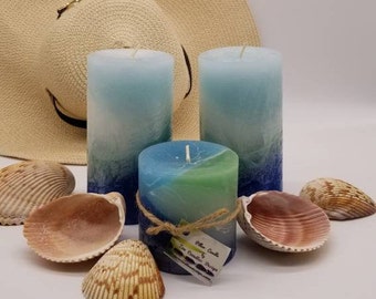 Ocean Mist Scented Pillar - Blue Layered Pillar Candle - Blue Handmade Candle - Rustic Blue Candle - Blue Beach Pillar Candle