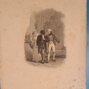 May include: Antique black and white print depicting a scene with three figures in period clothing. The central figure, with dark skin, is flanked by two others in formal attire. A clock and furniture are visible in the background.