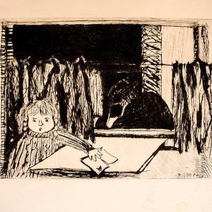 May include: A black and white etching depicts a child at a table, receiving a letter. The scene is set indoors, with a dark window and curtains in the background. The artwork has a vintage, illustrative style.