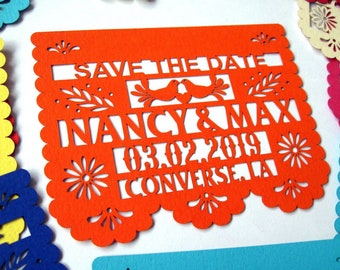 Mini magnet save the date in papel picado Mexican wedding style with love birds